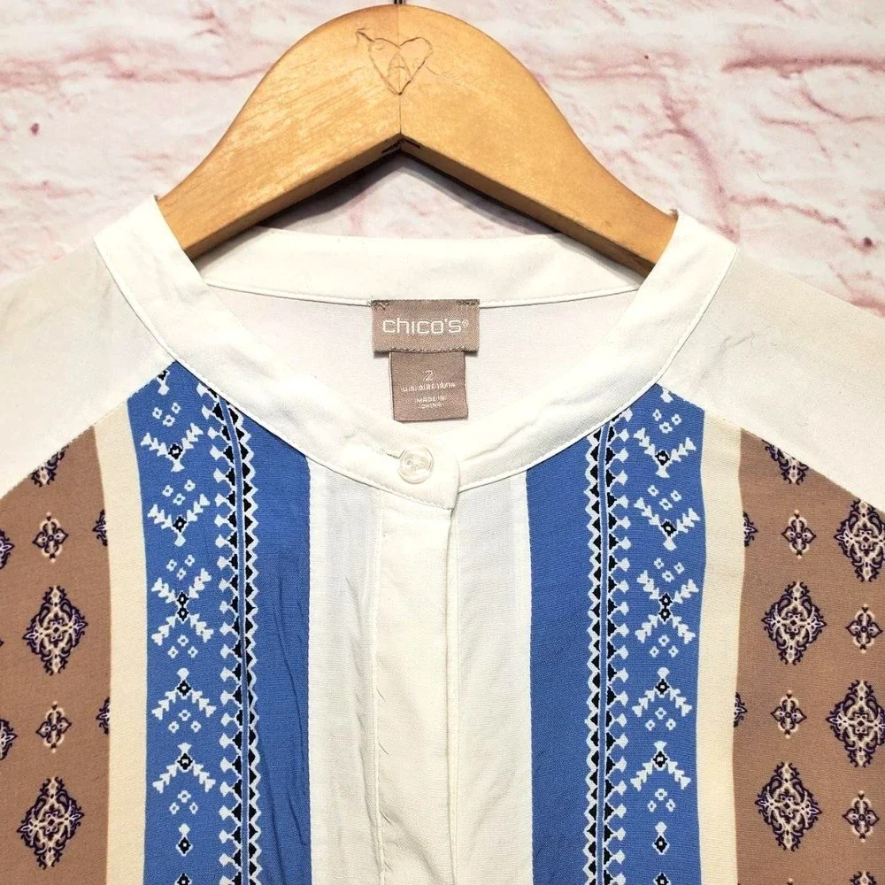 Chicos Boho Patchwork Tunic Top Large Blue Paisley Artsy Coastal Cottagecore - Picture 6 of 11